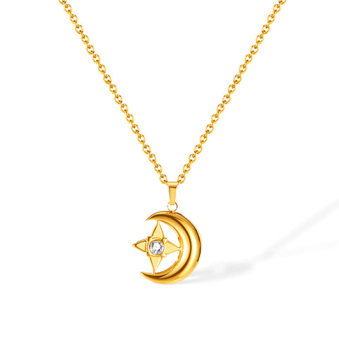 Enchanting Women's Celestial Moon and Star Pendant Necklace with Diamond Accent – Luxurious Gold Finish-Women's Necklace-SunnyHouse Jewelry