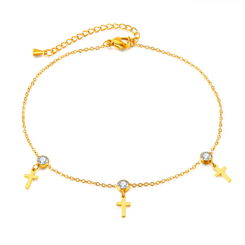 Elegant Gold Anklet with Cross Charms and Crystal Accents - Stylish Spiritual Jewelry-Women's Anklet-SunnyHouse Jewelry