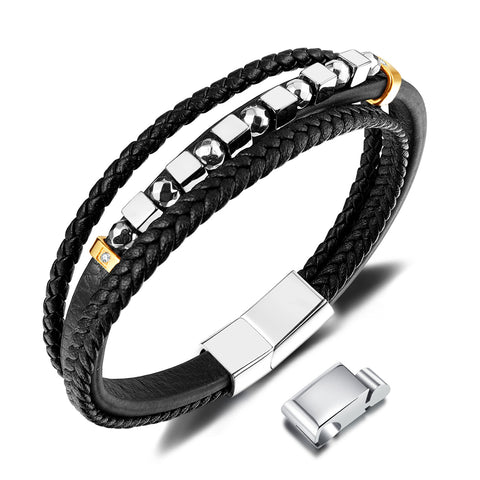 Sophisticated Men's Black Leather and Stainless Steel Beaded Bracelet – Elegant Design with Magnetic Clasp-Men's Earrings-SunnyHouse Jewelry