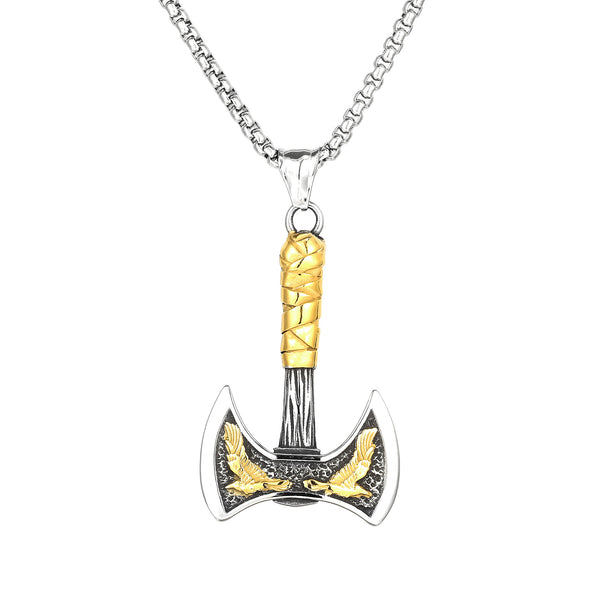 Men’s Titanium Stainless Steel Viking Axe Pendant Necklace – Double-Headed Axe with Gold-Tone Eagle Accents – Durable Nordic Jewelry for Men-Men's Pendant Necklace-SunnyHouse Jewelry