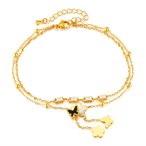 Gold Anklet with Crystal Square Charms and Floral Accents - Elegant Accessory for Any Occasion-Women's Anklet-SunnyHouse Jewelry