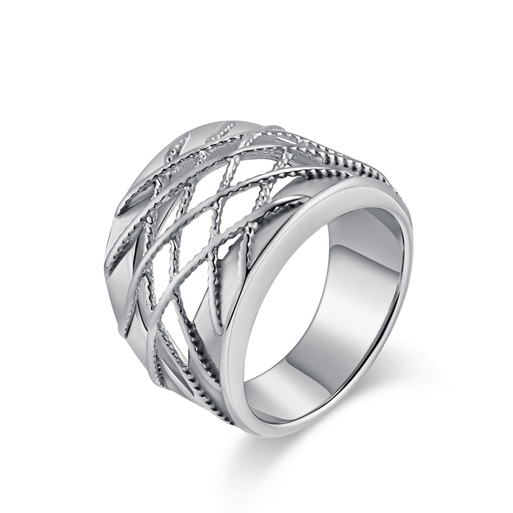 Women's Titanium Stainless Steel Wide Band Ring – Intricate Braided Design, Durable and Stylish-Women's Ring-SunnyHouse Jewelry