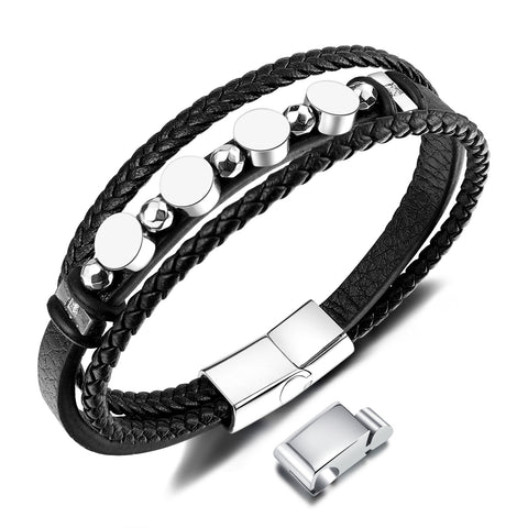 Men's Multi-Strand Leather Bracelet with Stainless Steel Discs – Modern Design, Magnetic Clasp-Men's Bracelet-SunnyHouse Jewelry