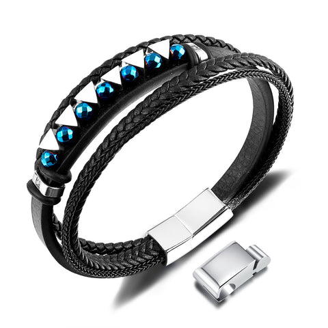 Men's Leather Bracelet with Blue Crystal Accents – Elegant Multi-Strand Design, Secure Magnetic Clasp-Men's Bracelet-SunnyHouse Jewelry