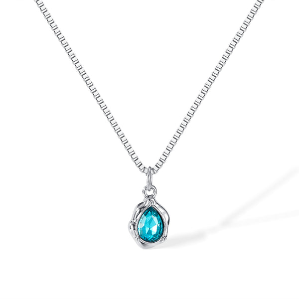 Elegant Women's Teardrop Pendant Necklace with Aquamarine Crystal - Silver Chain Jewelry-Women's Necklace-SunnyHouse Jewelry