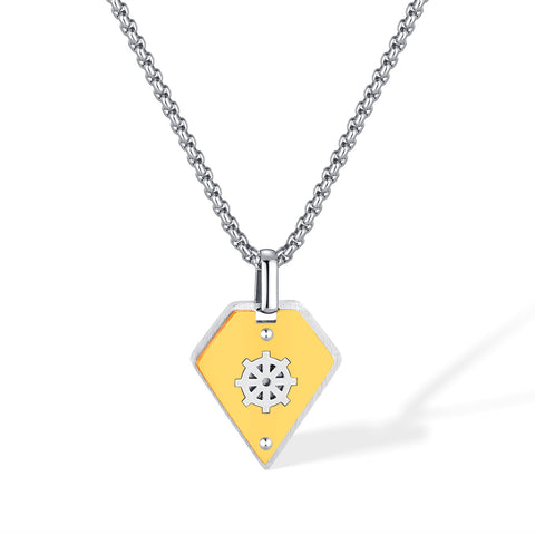 Stylish Men's Pendant Necklace - Stainless Steel Chain with Yellow and Silver Dharmachakra Motif, Durable and Trendy Accessory for Everyday Wear-Men's Pendant Necklace-SunnyHouse Jewelry