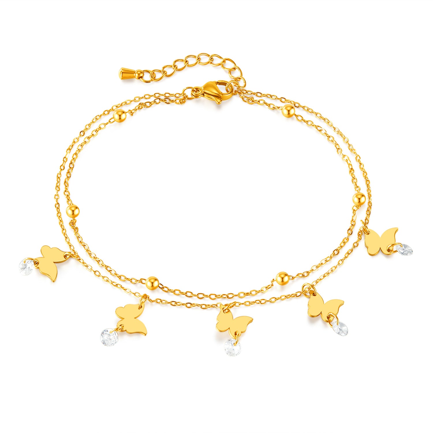 Delicate Gold Layered Anklet with Butterfly Charms and Crystal Drops - Perfect for Elegant Occasions-Women's Anklet-SunnyHouse Jewelry