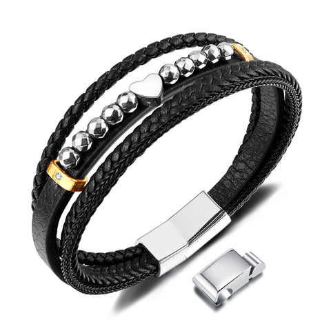 Men's Multi-Strand Leather Bracelet with Heart and Stainless Steel Beads – Stylish, Magnetic Closure-Men's Bracelet-SunnyHouse Jewelry