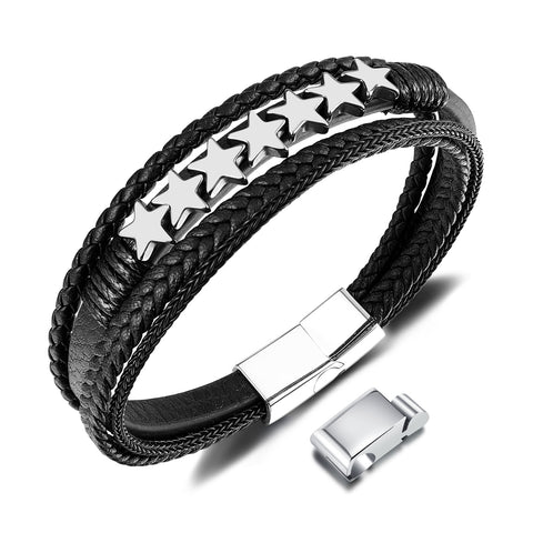 Men's Braided Leather Bracelet with Stainless Steel Star Accents – Sleek, Modern Design with Magnetic Clasp-Men's Bracelet-SunnyHouse Jewelry