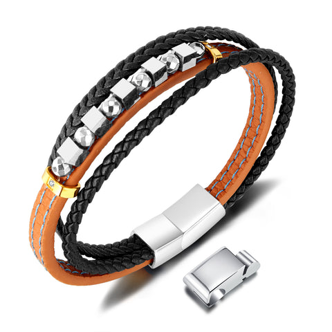 Men's Leather and Stainless Steel Bracelet – Dual Tone with Orange Stitching and Beaded Accents, Magnetic Clasp-Men's Bracelet-SunnyHouse Jewelry