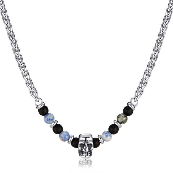 Men's Skull Bead Necklace with Black Onyx and Sodalite - Edgy Stainless Steel Chain, Perfect for Casual or Gothic Styles-Men's Pendant Necklace-SunnyHouse Jewelry