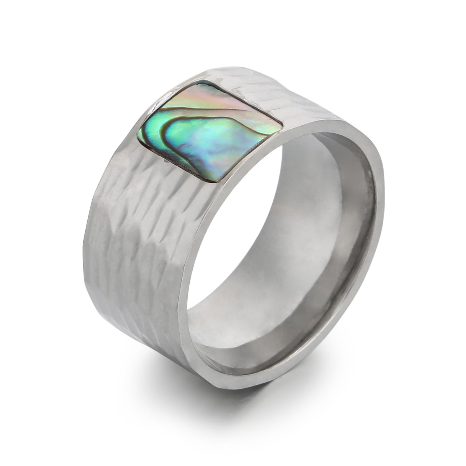 Men's Titanium Stainless Steel Ring with Abalone Shell Inlay - Hammered Finish, Unique Design-Men's Ring-SunnyHouse Jewelry