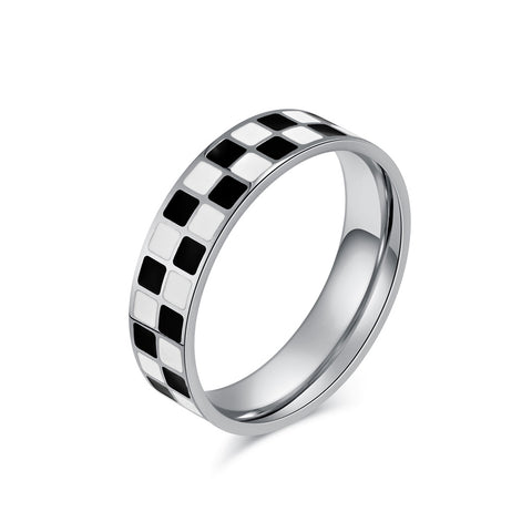 Women’s Titanium Stainless Steel Checkerboard Ring – Modern Black and White Inlay Band – Durable and Stylish Jewelry for Women-Women's Ring-SunnyHouse Jewelry