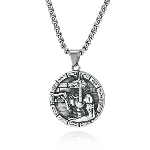 Men's Titanium Stainless Steel Pendant Necklace with Aztec Warrior Design - Antique Silver Finish, Hypoallergenic Chain Included-Men's Pendant Necklace-SunnyHouse Jewelry