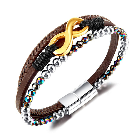 Men's Multilayer Leather and Crystal Beaded Bracelet with Gold Plated Infinity Clasp – Fashionable and Versatile-Men's Bracelet-SunnyHouse Jewelry