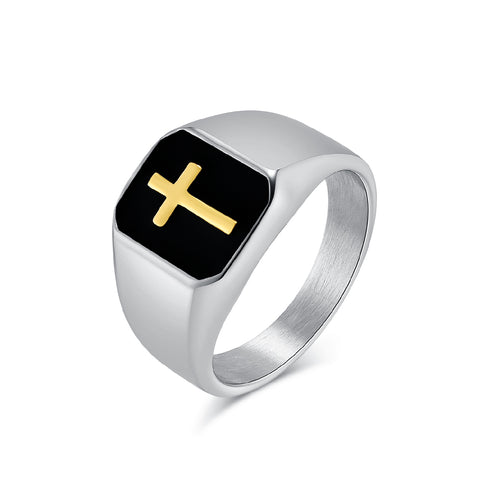 Men’s Titanium Stainless Steel Cross Ring – Black and Gold Religious Ring for Men – Durable Christian Jewelry – Stylish Faith Accessory-Men's Ring-SunnyHouse Jewelry