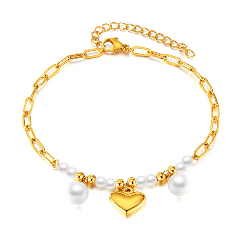 Elegant Gold Anklet with Pearls and Heart Pendant - Perfect Romantic Gift or Daily Wear Accessory-Women's Anklet-SunnyHouse Jewelry