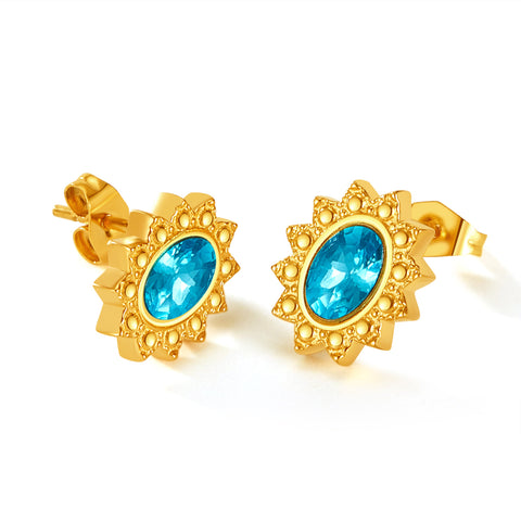 Women's Gold Sunburst Earrings with Aquamarine Centers - Vibrant and Regal Jewelry-Women's Earrings-SunnyHouse Jewelry