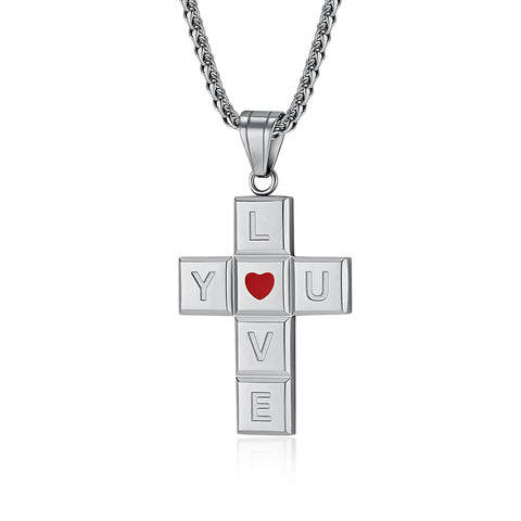 Men's Titanium Stainless Steel Cross Pendant Necklace with Love Design - Perfect Gift for Special Occasions-Men's Pendant Necklace-SunnyHouse Jewelry