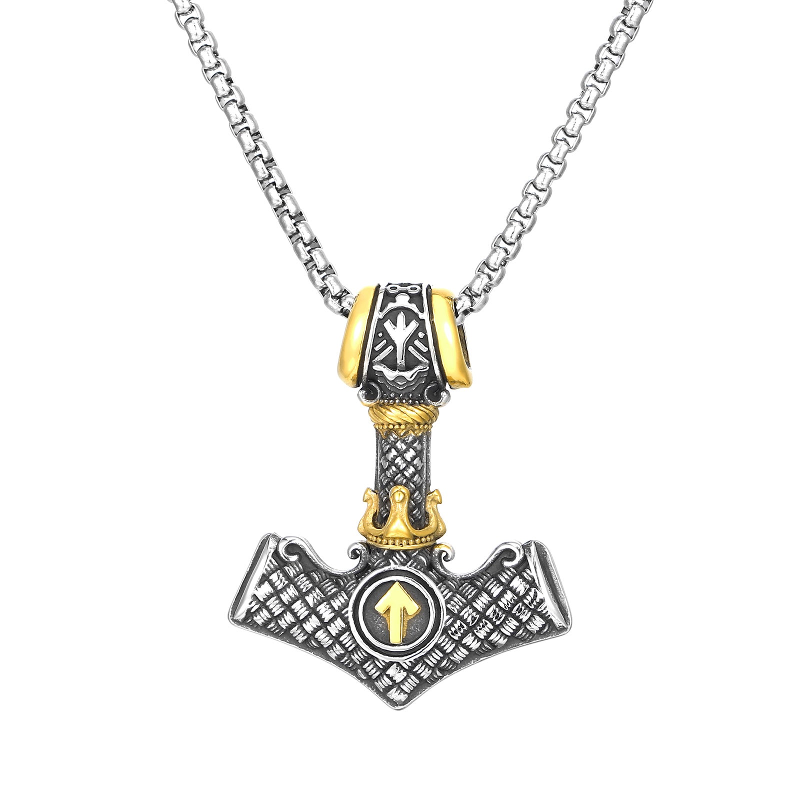 Men’s Titanium Stainless Steel Thor’s Hammer Pendant Necklace – Mjolnir Viking Jewelry with Gold and Silver Accents – Durable Norse Accessory for Men-Men's Pendant Necklace-SunnyHouse Jewelry