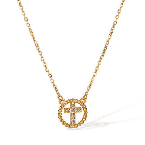 Women's Titanium Stainless Steel Cross Pendant Necklace, Gold-Plated Circle with Crystal Accents – Elegant Religious Jewelry for Everyday and Special Occasions-Women's Necklace-SunnyHouse Jewelry