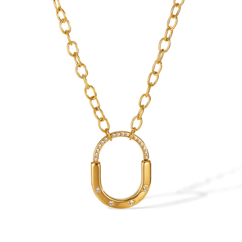 Women's Titanium Stainless Steel Oval Pendant Necklace with Cubic Zirconia – Gold-Plated Chain – Hypoallergenic & Tarnish Resistant-Women's Necklace-SunnyHouse Jewelry