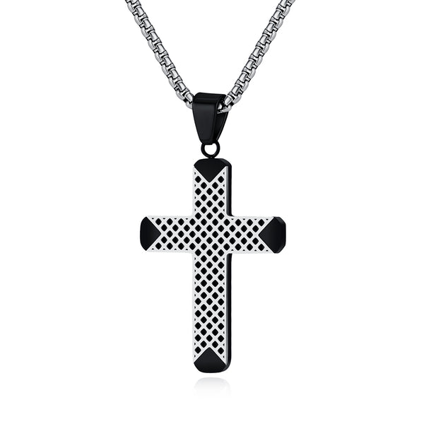 Men's Titanium Stainless Steel Cross Pendant Necklace with Blue Mesh Design - Modern and Stylish-Men's Pendant Necklace-SunnyHouse Jewelry