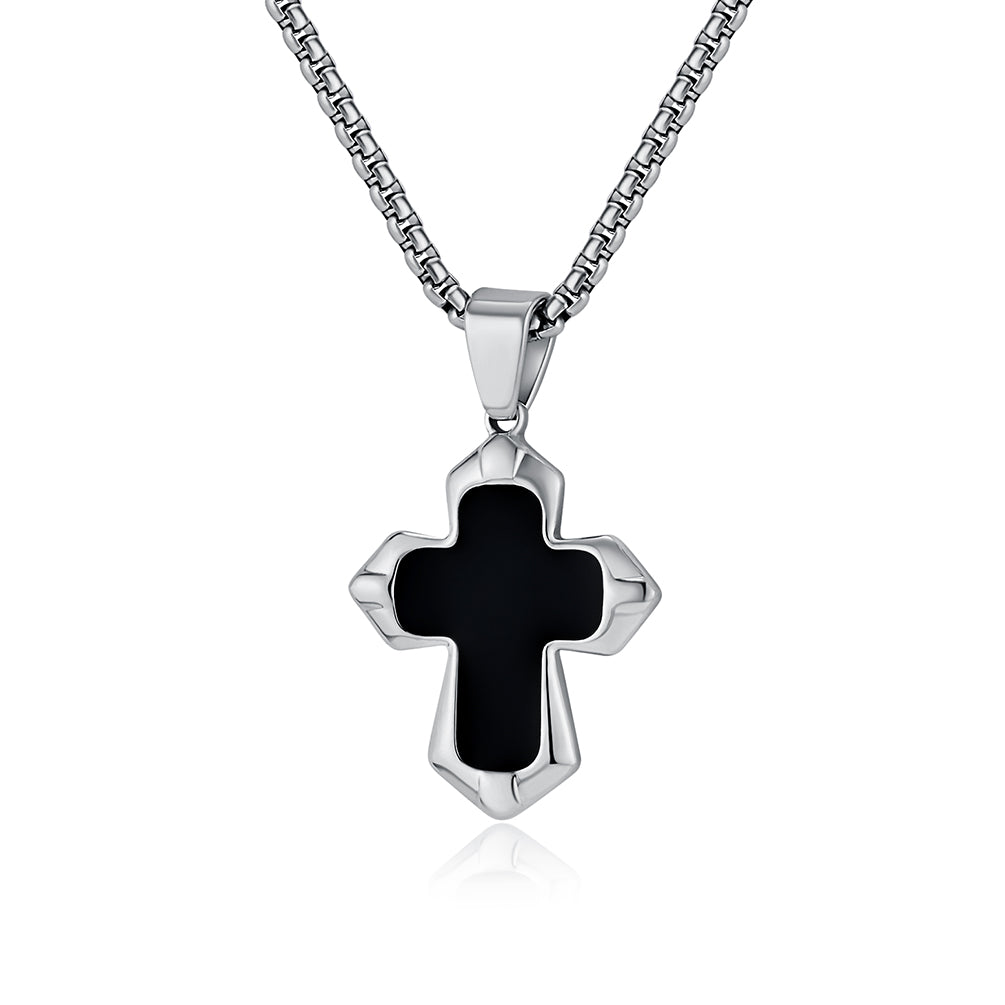 Men's Titanium Stainless Steel Pendant Necklace with Black Inlay Cross - Sleek and Modern Design-Men's Pendant Necklace-SunnyHouse Jewelry