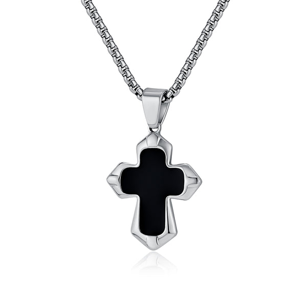 Men's Titanium Stainless Steel Pendant Necklace with Black Inlay Cross - Sleek and Modern Design-Men's Pendant Necklace-SunnyHouse Jewelry