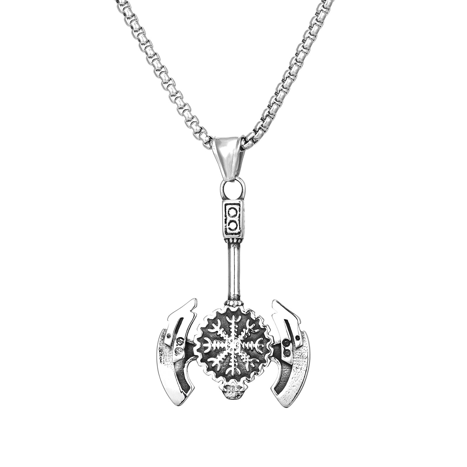 Men’s Titanium Stainless Steel Viking Axe Pendant Necklace – Dual Blade Design with Snowflake Motif – Durable Norse Jewelry for Men-Men's Pendant Necklace-SunnyHouse Jewelry