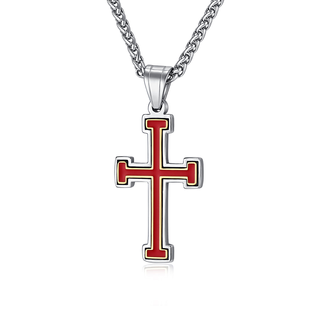 Men's Titanium Stainless Steel Cross Pendant Necklace with Red and White Enamel Inlay, a modern accessory designed to convey strength and faith.-Men's Pendant Necklace-SunnyHouse Jewelry