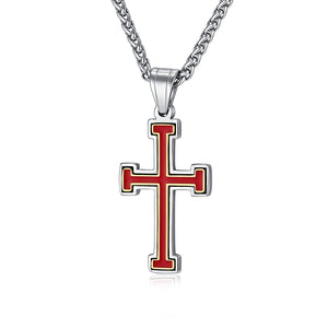 Men's Titanium Stainless Steel Cross Pendant Necklace with Red and White Enamel Inlay, a modern accessory designed to convey strength and faith.-Men's Pendant Necklace-SunnyHouse Jewelry