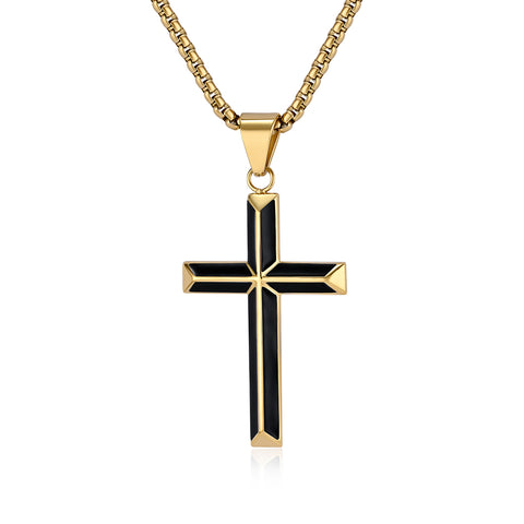 Men's Titanium Stainless Steel Cross Pendant Necklace with Black Inlay - Elegant and Bold Accessory-Men's Pendant Necklace-SunnyHouse Jewelry