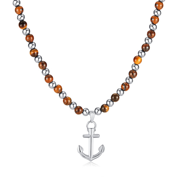 Men's Tiger Eye Bead Necklace with Stainless Steel Anchor Pendant - Elegant, Nautical-Themed Jewelry, Ideal for Daily Wear and Gift Giving-Men's Pendant Necklace-SunnyHouse Jewelry