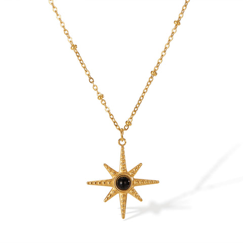 Women's Titanium Stainless Steel Star Pendant Necklace with Black Stone – Gold-Plated Chain – Hypoallergenic & Tarnish Resistant-Women's Necklace-SunnyHouse Jewelry