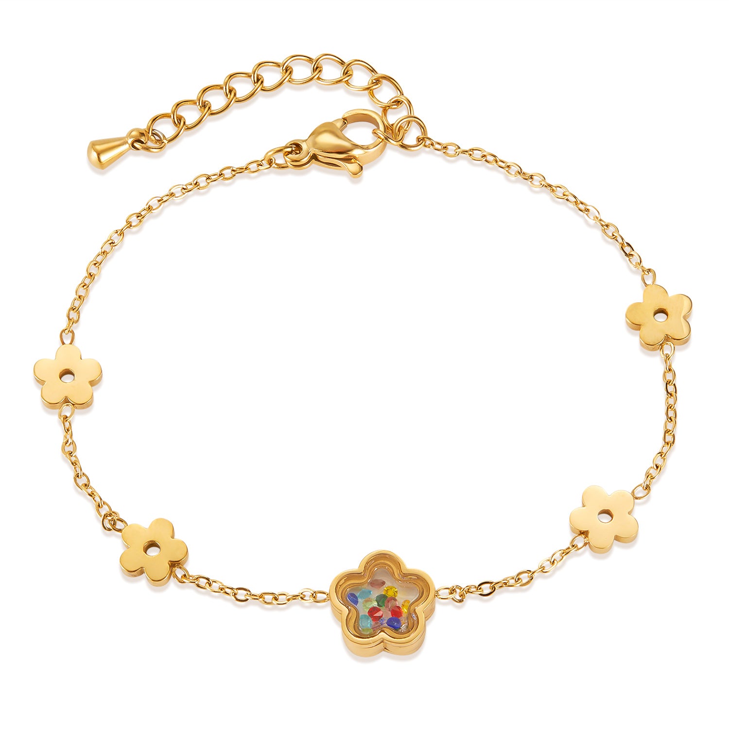 Women's Titanium Stainless Steel Bracelet with Flower Charms and Colorful Crystal Accent – Gold-Plated Adjustable Bracelet – Hypoallergenic & Tarnish Resistant-Women's Bangle-SunnyHouse Jewelry