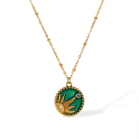 Women's Titanium Stainless Steel Sun and Moon Pendant Necklace with Green Enamel and Cubic Zirconia – Gold-Plated Chain – Hypoallergenic & Tarnish Resistant-Women's Necklace-SunnyHouse Jewelry