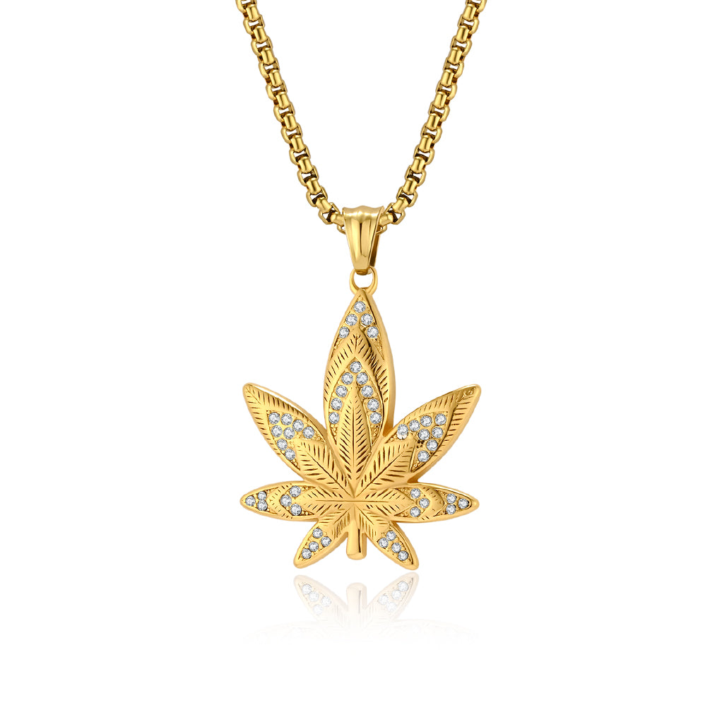 Men's Gold Titanium Stainless Steel Marijuana Leaf Pendant Necklace - Iced Out Design, Durable, Hypoallergenic, Stylish Hip-Hop Jewelry-Men's Pendant Necklace-SunnyHouse Jewelry