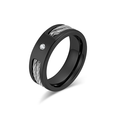 Men’s Titanium Stainless Steel Cable Wire Ring with Black Plating and Crystal Accent – Modern and Stylish Band for Men – Durable and Unique Gift-Men's Ring-SunnyHouse Jewelry