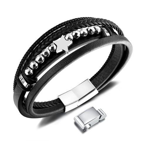 Men's Leather and Stainless Steel Multi-Strand Bracelet – Star Accents, Sleek Design with Magnetic Clasp-Men's Bracelet-SunnyHouse Jewelry