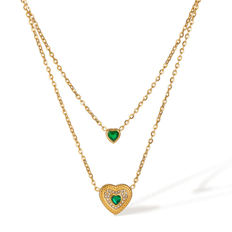 Women's Titanium Stainless Steel Double Layer Heart Pendant Necklace, Gold-Plated with Green Crystal Accents – Fashion Jewelry for Casual and Special Occasions-Women's Necklace-SunnyHouse Jewelry