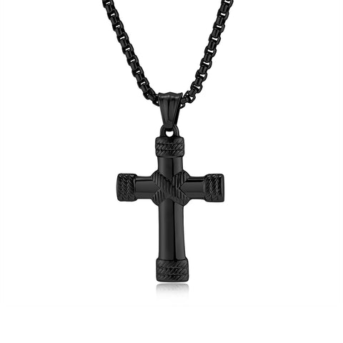 Men's Titanium Stainless Steel Cross Pendant Necklace with Braided Design - Sleek, All-Black Hypoallergenic Chain Included-Men's Pendant Necklace-SunnyHouse Jewelry