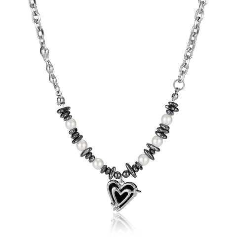 Women's Titanium Stainless Steel Heart Pendant Necklace with Pearl and Hematite Beads - Elegant and Hypoallergenic-Women's Necklace-SunnyHouse Jewelry