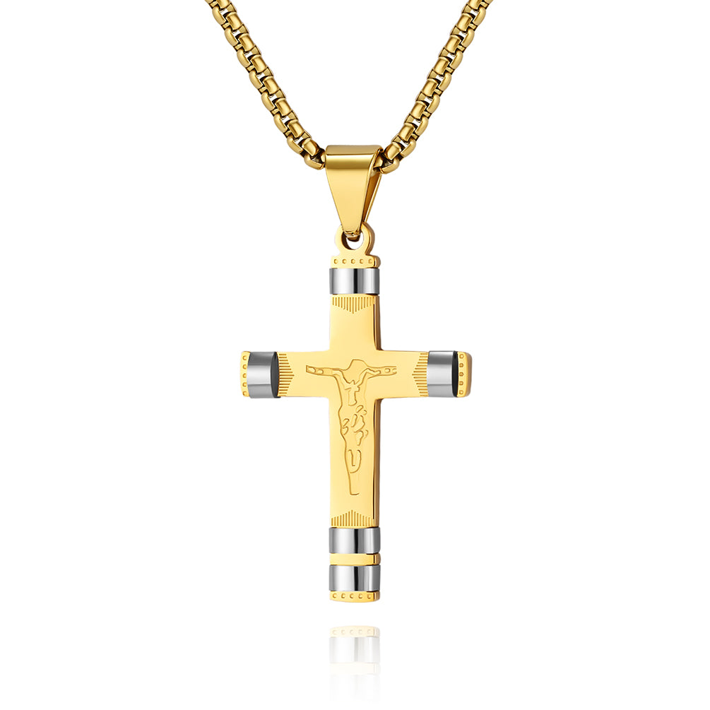 Men's Titanium Stainless Steel Crucifix Pendant Necklace - Luxurious Gold Tone with Detailed Engravings-Men's Pendant Necklace-SunnyHouse Jewelry