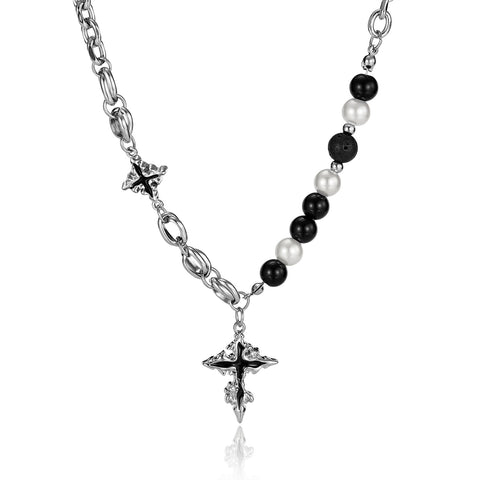 Women’s Titanium Stainless Steel Cross Pendant Necklace, Gothic-Inspired with Black and White Pearl Beads – Unique Fashion Statement Necklace-Women's Necklace-SunnyHouse Jewelry