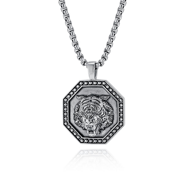 Men's Titanium Stainless Steel Tiger Pendant Necklace with Antique Silver Finish - Bold, Hypoallergenic Chain Included-Men's Pendant Necklace-SunnyHouse Jewelry