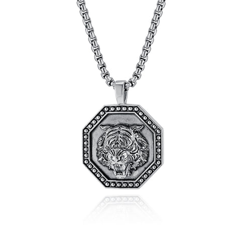 Men's Titanium Stainless Steel Tiger Pendant Necklace with Antique Silver Finish - Bold, Hypoallergenic Chain Included-Men's Pendant Necklace-SunnyHouse Jewelry