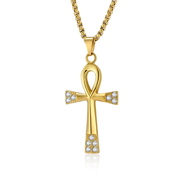 Men's Titanium Stainless Steel Cross Pendant Necklace with Ankh Design and Cubic Zirconia - Elegant Gold Finish, Hypoallergenic Chain Included-Men's Pendant Necklace-SunnyHouse Jewelry