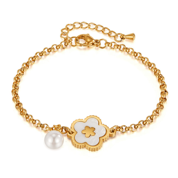 Women's Titanium Stainless Steel Bracelet with Flower Pendant and Pearl Accent – Gold-Plated Adjustable Bracelet – Hypoallergenic & Tarnish Resistant-Women's Bangle-SunnyHouse Jewelry