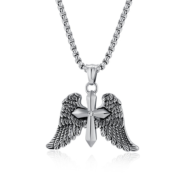 Men's Titanium Stainless Steel Angel Wings Sword Pendant Necklace with Cubic Zirconia - Durable, Hypoallergenic Chain Included-Men's Pendant Necklace-SunnyHouse Jewelry